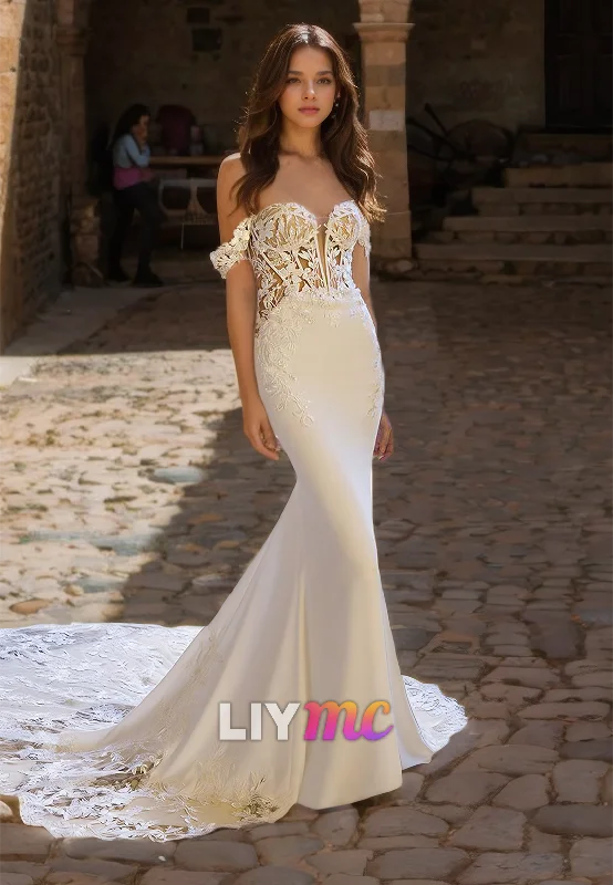 Amazing Deals Sweetheart Sleeveless Lace Appliques Sleek Mermaid Wedding Dress