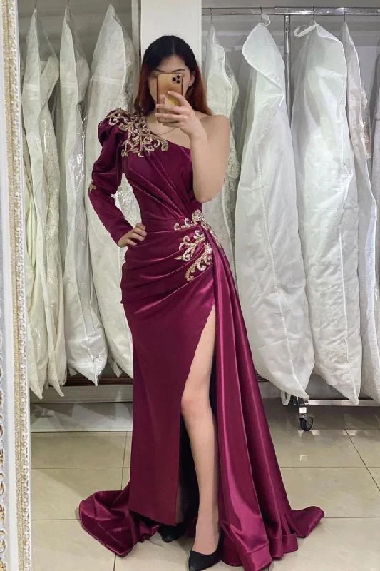 Value Deals One Shoulder Long Sleeves Prom Dress Split With Appliques