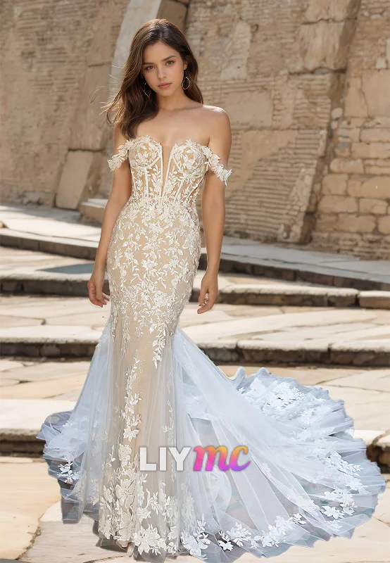 Price Slash Off-Shoulder Strapless Lace Appliques Mermaid Wedding Dress