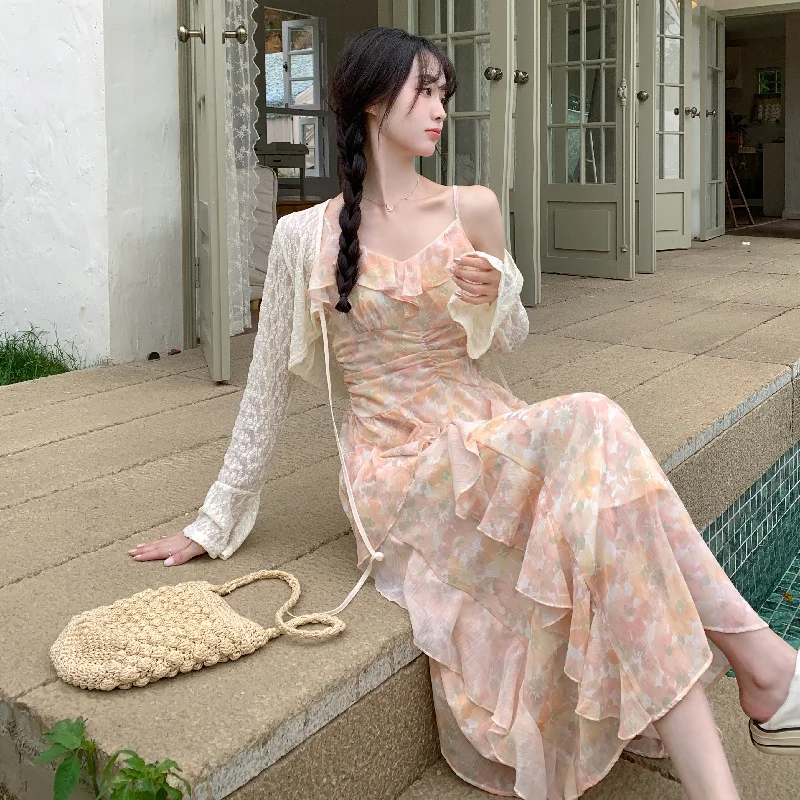 Plus Size Lace Crop Cardigan and Watercolour Floral Midi Dress