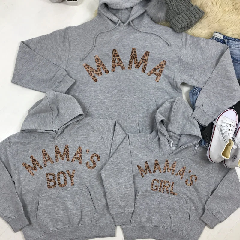 Mama & Mama's Girl & Boy Matching Leopard Heather Grey Hoodies (MRK X)