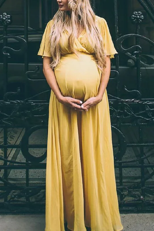 Unbeatable Prices Custom Yellow Short Sleeves Maternity Maxi Dress