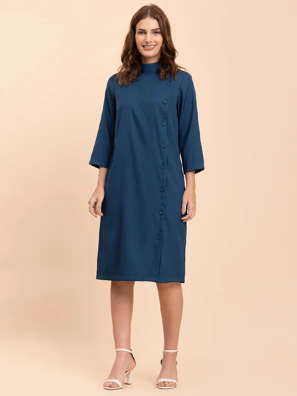 High Neck Button Down Shirt Dress - Teal