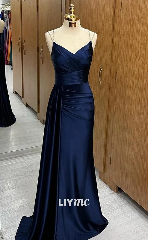 Lowest Price LP1967 - V-Neck Spaghetti Straps High Waist Pleated Ruched Sleek Satin Long Prom Dress