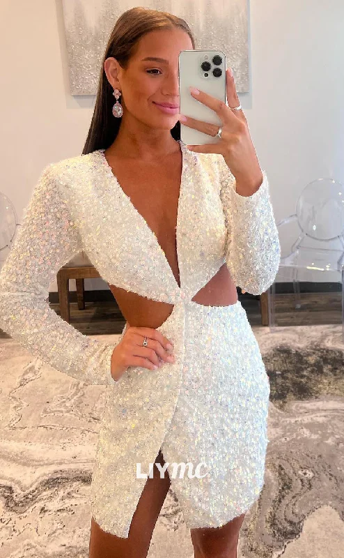 LY074 - V-Neck Long Sleeves Cut Outs Sequins Sheath Short Homecoming Dress