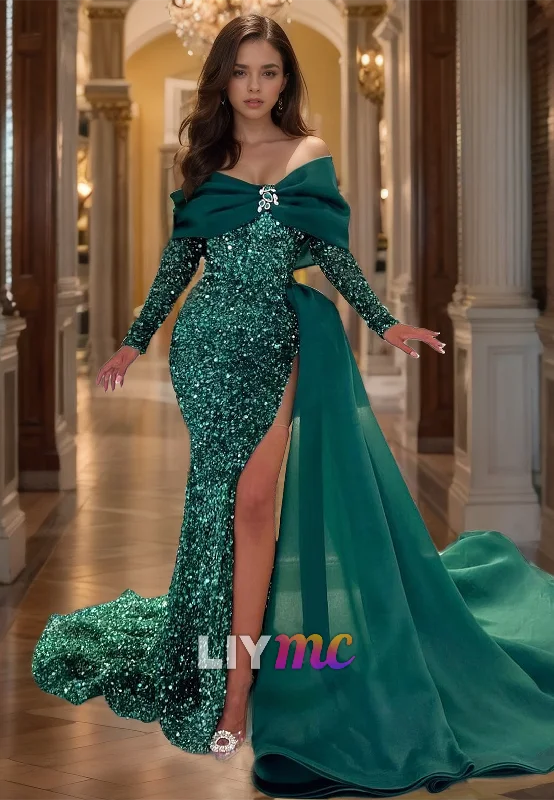 Extra Discounts Off-Shoulder Long Sleeves Sequins High Slit Sparkly Mermaid Prom Dress