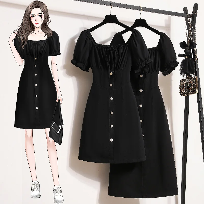 Weekend Deal Plus Size Square Neck Black Buttons Midi Dress