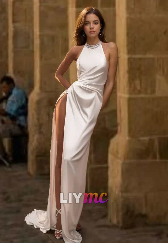 Mega Sale Halter Sleeveless High Slit Sleek Sheath Beach Wedding Dress