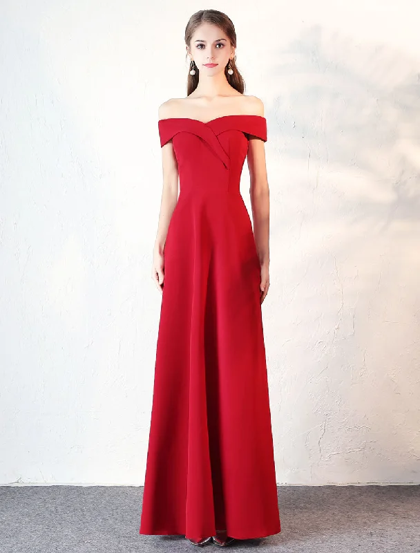 Overstock Stunning Evening Dresses Burgundy Off The Shoulder evening dress Satin Floor Length Formal Party Dress wedding guest dress