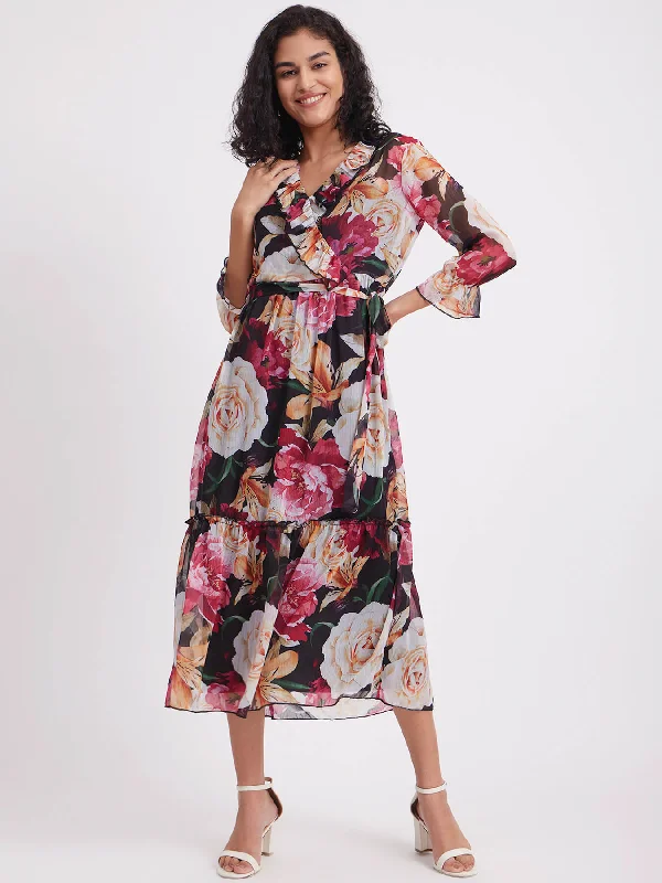 Quick Sale Chiffon Floral Wrap Dress - Black And Multicolour