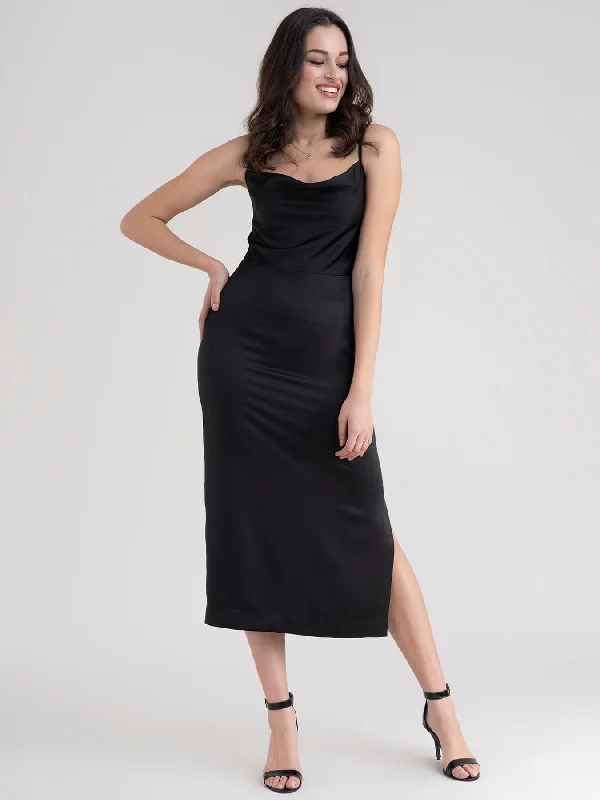 Final Clearance Satin Cowl Neck Shift Dress - Black