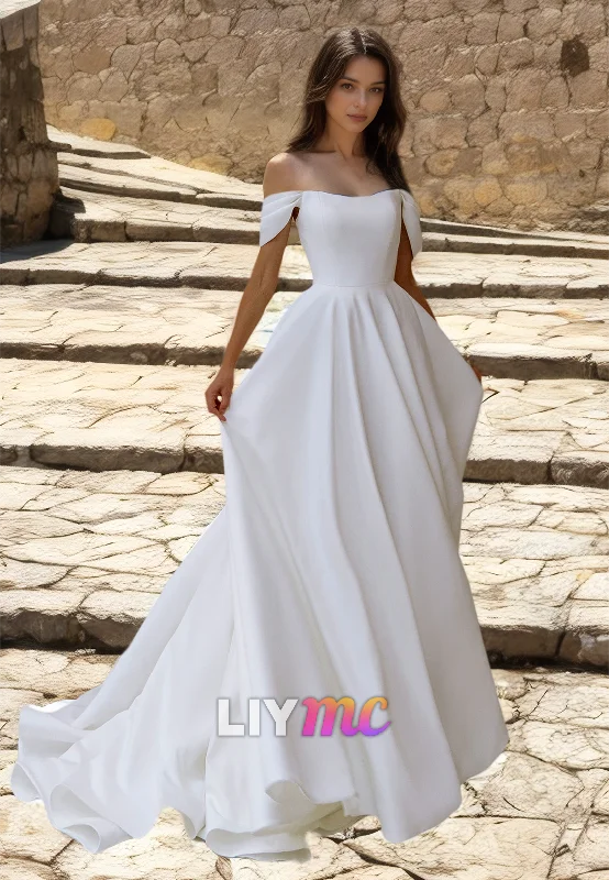Deal Mania Off-Shoulder Sleeveless Pleated A-Line Wedding Dress