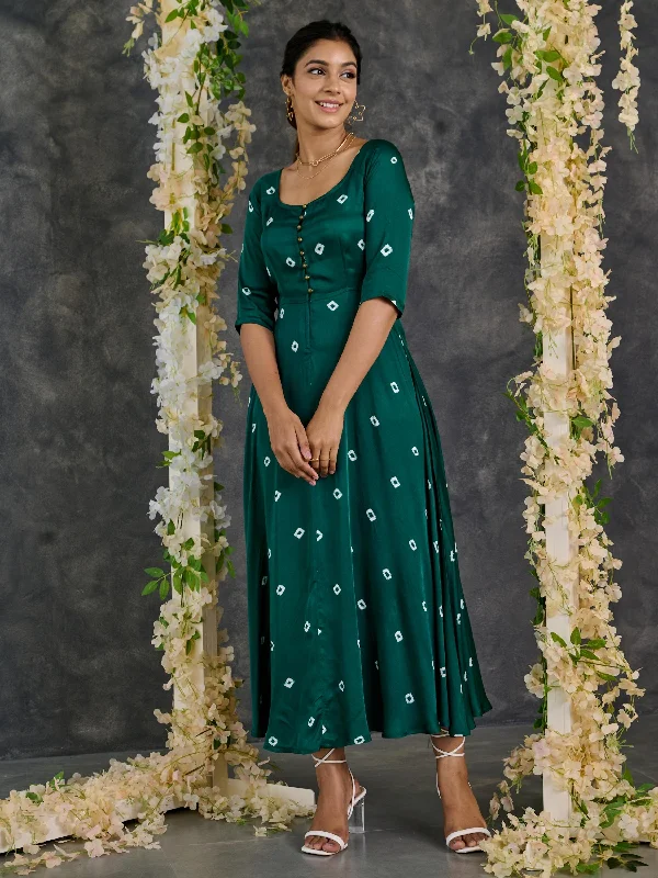 New Arrival Green Bandhani Modal Satin Fit & Flare Dress