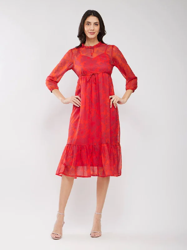 Deal of the Week Chiffon Floral Print Dress - Orange And Fuchsia